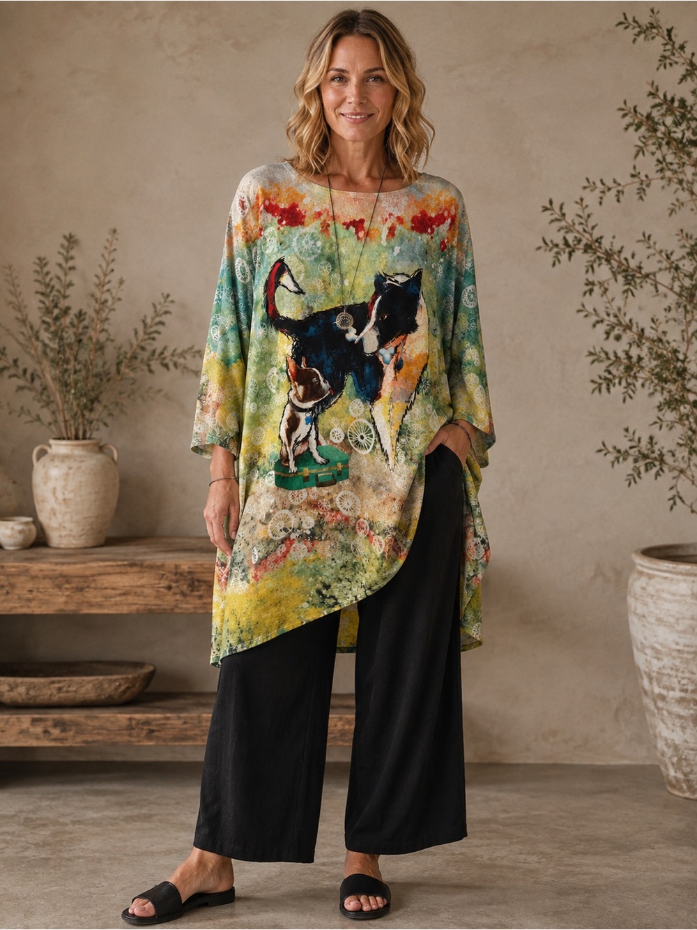 INOAH Friends Fur-Ever Dog Wearable Art Oversized Tunic SAMPLE Made USA Frenchie